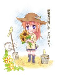  1girl bird blue_eyes blush boots bucket charlotte_e_yeager collared_shirt daisy dated denim denim_shorts flower gloves hat hay long_hair new_york open_mouth pitchfork postage_stamp redhead rubber_boots shorts simple_background smile solo straw_hat strike_witches sunflower translation_request white_background yuni_(artist) 