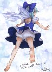  1girl barefoot bloomers blue_eyes blue_hair bow cirno dress flying from_behind hair_bow ice ice_wings looking_back open_back open_mouth outstretched_arms sakurai_haruto short_hair signature solo spread_arms touhou underwear upskirt wings 