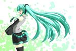  1girl aqua_hair black_legwear blush closed_eyes detached_sleeves hatsune_miku iwanori long_hair necktie open_mouth skirt smile solo thighhighs twintails very_long_hair vocaloid 