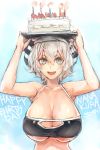  1girl birthday_cake blue_eyes breasts cake cleavage food happy_birthday highres huge_breasts large_breasts on_head open_mouth original short_hair silver_hair solo sweat taishi_(artist) underboob 