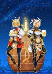  2girls alcohol alternate_costume animal_ears ascot beer beer_mug blonde_hair candle cat_ears closed_eyes collar doraeshi final_fantasy final_fantasy_xi flower hair_flower hair_ornament happy_birthday highres midriff mithra multiple_girls short_hair short_twintails smile star_(sky) tail twintails white_hair 