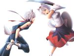  2girls animal_ears detached_sleeves dual_persona haikara_udon hat inubashiri_momiji multiple_girls open_mouth red_eyes shield short_hair silver_hair sword tail tokin_hat touhou weapon wolf_ears wolf_tail 