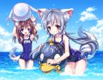  2girls academic_(dragon_nest) animal_ears blue_eyes braid brown_hair cat_ears dragon_nest feet_in_water hino_(mooncalf+t) long_hair multiple_girls red_eyes school_swimsuit silver_hair soaking_feet swimsuit tail twin_braids twintails water 