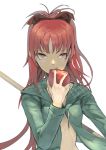  1girl apple biting casual food fruit hair_ribbon highres hoodie long_hair looking_at_viewer mahou_shoujo_madoka_magica nuda open_clothes open_jacket polearm ponytail red_eyes redhead ribbon sakura_kyouko simple_background solo spear weapon 