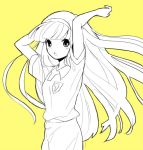  1girl arms_up blush hairband inazuma_eleven_(series) inazuma_eleven_go inazuma_eleven_go_chrono_stone karan_koron lightning_bolt long_hair monochrome nanobana_kinako open_mouth raimon simple_background soccer_uniform solo yellow_background 