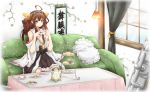  1girl ahoge bare_shoulders brown_hair cake cookie couch curtains detached_sleeves food grey_eyes hair_ornament highres japanese_clothes kantai_collection karamoneeze kongou_(kantai_collection) long_hair long_sleeves personification pillow plate sash shirt sign sitting skirt smile solo teacher teapot wide_sleeves window 