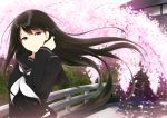  1girl animetta black_hair cherry_blossoms flower long_hair original petals school_uniform smile solo violet_eyes 