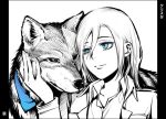  1girl animal blue_eyes christa_renz hair_between_eyes monochrome partially_colored pillarboxed shingeki_no_kyojin taum wolf 