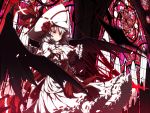  1girl album_cover alternate_costume alternate_headwear bat_wings capelet cover dress flower hand_on_own_chest hat hat_flower hat_ribbon highres long_sleeves red_eyes red_rose remilia_scarlet ribbon rose sash silver_hair solo spear_the_gungnir stained_glass touhou ugume white_dress wings 