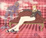  1girl blonde_hair couch fuhmin genderswap high_heels jojo_no_kimyou_na_bouken necktie prosciutto stand_(jojo) the_grateful_dead_(stand) 