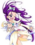  1girl ;d bow cure_egret dress futari_wa_precure_splash_star hair_bow long_hair magical_girl mishou_mai open_mouth outstretched_arms ponytail precure purple_hair ribbon sinko_(sinsin) smile solo spread_arms violet_eyes white_background wink 