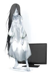  1girl akaume bare_shoulders black_eyes black_hair hair_over_one_eye highres long_hair pale_skin purple_hair simple_background solo television the_ring torn_clothes very_long_hair wet white_background yamamura_sadako 