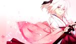  1girl cherry_blossoms fate/stay_night fate_(series) fulunukko hair_up japanese_clothes katana kimono pink_eyes pink_hair saber sheath sheathed solo sword weapon 