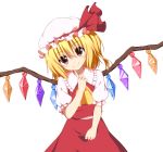  1girl 40cabbage ascot blonde_hair blush finger_to_chin flandre_scarlet hat head_tilt red_eyes short_hair side_ponytail simple_background smile solo touhou white_background wings 