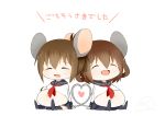  2girls animal_ears brown_hair closed_eyes happy heart ikazuchi_(kantai_collection) inazuma_(kantai_collection) kantai_collection katori_(quietude) mouse_ears mouse_tail multiple_girls open_mouth short_hair tail 