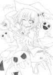  1girl bat blush breasts candy ghost halloween hat jack-o&#039;-lantern lineart looking_at_viewer monochrome open_mouth original smile solo suien wink witch_hat 