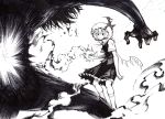  bow flandre_scarlet gem hair_bow hat monochrome punching side_ponytail touhou warugaki_(sk-ii) wings 