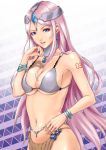  1girl bangle bracelet breasts circlet cleavage cosplay dancer din_(raiden) dragon_quest dragon_quest_iv earrings jewelry loincloth long_hair looking_at_viewer manya manya_(cosplay) megurine_luka navel open_mouth pink_hair smile solo tattoo very_long_hair violet_eyes vocaloid 