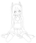  1girl bra eto hatsune_miku lineart long_hair looking_at_viewer monochrome open_clothes open_mouth open_shirt skirt smile solo thighhighs underwear very_long_hair vocaloid 