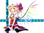  1girl ascot bat_wings black_legwear blonde_hair bow flandre_scarlet hat red_eyes ribbon short_hair side_ponytail sitting smile solo thigh-highs tosk_(swav-coco) touhou white_background wings 