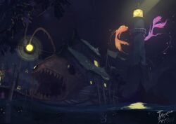 anglerfish building commentary dock english_commentary fish glowing hermitcraft highres in-universe_location lighthouse minecraft_youtube night no_humans painterly scenery signature sky tateart water 