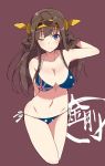  1girl ahoge arm_behind_back arm_up bare_shoulders bikini blue_eyes breasts brown_background brown_hair kantai_collection kongou_(kantai_collection) large_breasts long_hair looking_at_viewer maze_(gochama_ze_gohan) personification revision side-tie_bikini solo swimsuit union_jack wink 