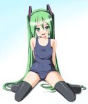  1girl arms_behind_back black_legwear blush breasts colored green_eyes green_hair hatsune_miku highres hoshino_sora long_hair looking_at_viewer open_mouth school_swimsuit smile solo swimsuit thighhighs twintails very_long_hair vocaloid 