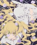  1girl blonde_hair boots crossed_arms dress eyepatch flower grin kirakishou looking_at_viewer lying mochida64 open_mouth rose rozen_maiden smile solo thigh-highs thigh_boots thorns two_side_up yellow_eyes 