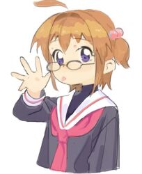  1girl ahoge bad_id bad_tumblr_id black_shirt brown_hair cardcaptor_sakura glasses hair_bobbles hair_ornament hekoko kinomoto_sakura looking_at_viewer neckerchief red_neckerchief sailor_collar school_uniform shirt short_hair simple_background solo tomoeda_elementary_school_uniform upper_body violet_eyes white_background white_sailor_collar 