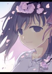  1girl akairo421 cherry_blossoms commentary_request empty_eyes fate/stay_night fate_(series) flower heaven&#039;s_feel highres letterboxed light_blush light_particles long_hair matou_sakura pink_flower pink_petals purple_hair shirt solo violet_eyes watermark white_background white_shirt 
