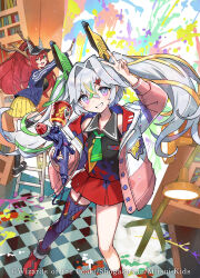  2girls bare_shoulders black_shoes black_socks black_visor blue_eyes blue_jacket breasts clenched_teeth copyright_notice dragon_musume_ni_naritakunai! duel_masters green_necktie green_ribbon grey_hair gun hair_ornament hair_ribbon hairpin high_ponytail holding holding_gun holding_paintbrush holding_weapon indoors jacket jurako_ljuba ladder long_hair looking_at_viewer multicolored_eyes multicolored_jacket multicolored_shirt multiple_girls necktie official_art one_eye_closed open_clothes open_jacket open_mouth paint_gun paint_on_clothes paint_stains paintbrush painting_(action) pink_jacket pleated_skirt ponytail red_shoes red_skirt ribbon saitou_naoki shirt shoes single_leg_pantyhose skirt sleeveless sleeveless_shirt socks stepladder sukune_maron teeth twintails upper_teeth_only v weapon white_jacket yellow_necktie yellow_ribbon yellow_skirt 