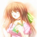  1girl blush breasts brown_hair choker closed_eyes female long_hair open_mouth original pocky smile solo suien 