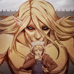  1boy adventure_time black_sclera blonde_hair blood blue_eyes chin_stroking cosplay cropped_jacket finn hood long_hair parody pointy_ears shingeki_no_kyojin simonadventure titan_(shingeki_no_kyojin) 