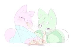  1boy 1girl :3 animal_ears animal_hands animal_nose blue_sweater blush body_fur cat_boy cat_ears cat_girl cat_tail closed_mouth commentary eating english_commentary fang flat_color food freckles green_fur green_jacket half-closed_eye jacket kekitopu leaning_forward light_blush long_sleeves looking_at_another looking_at_viewer meatball mochi_(kekitopu) one_eye_closed original pasta pink_fur plate puhskinti_day shirt simple_background sketch skin_fang spaghetti spaghetti_and_meatballs suama_(kekitopu) sweater tail turtleneck turtleneck_sweater uneven_eyes upper_body whiskers white_background white_eyes white_shirt 
