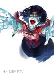  1girl blue_hair breasts fangs hat jiangshi miyako_yoshika ofuda open_mouth outstretched_arms pale_skin red_eyes short_hair simple_background skirt solo touhou white_background yukizen zombie zombie_pose 