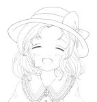  1girl :d blush bust closed_eyes daiso facing_viewer forehead hat highres komeiji_koishi lineart monochrome open_mouth smile solo touhou 