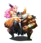  1boy 1girl alternate_hair_color amazon_(dragon&#039;s_crown) armlet armor beard bikini_armor boots circlet dated dragon&#039;s_crown dwarf_(dragon&#039;s_crown) facial_hair feathers greaves hair_feathers holding long_hair looking_at_viewer mizuki_apple muscle pink_hair signature simple_background smile tattoo thick_thighs thighs white_background yellow_eyes 