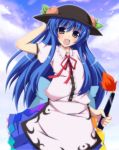  1girl blue_hair blue_sky clouds fang food fruit hand_on_hat hat hinanawi_tenshi long_hair masiromu open_mouth peach pink_eyes puffy_sleeves shirt short_sleeves skirt sky smile solo sword_of_hisou touhou very_long_hair 