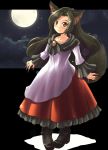  1girl animal_ears blush boots brooch brown_hair clouds dress fingernails full_moon imaizumi_kagerou jewelry long_fingernails long_hair long_sleeves moon night night_sky nise_nanatsura red_eyes sky smile solo star_(sky) tail touhou wide_sleeves wolf_ears wolf_tail 