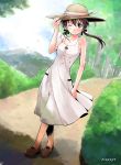  bare_shoulders blush brown_eyes brown_hair crossed_legs_(standing) dress dutch_angle gertrud_barkhorn grass hand_on_hat hat hat_ribbon hat_tip looking_at_viewer niina_ryou ribbon road short_hair signature smile strike_witches sundress twintails walking wind wink 