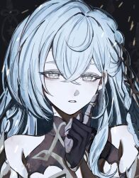  1girl bare_shoulders braid bright_pupils colored_extremities detached_sleeves dress genshin_impact hair_between_eyes highres index_finger_raised istaroth_(genshin_impact) jewelry koumimi long_hair looking_at_viewer purple_hands ring single_sidelock solo star_(symbol) upper_body very_long_hair white_dress white_hair white_pupils yellow_eyes 