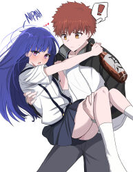  1boy 2girls :d absurdres arm_behind_back black_hairband black_skirt blonde_hair blue_hair blunt_bangs blunt_ends blush bow bowtie carrying carrying_person collared_shirt commentary crossover dress dress_shirt emiya_shirou fate/stay_night fate_(series) furude_rika grey_background hair_between_eyes hairband hand_up happy heart highres higurashi_no_naku_koro_ni hime_cut holding_hands igote interlocked_fingers long_hair multiple_crossover multiple_girls neckerchief open_mouth orange_hair pink_bow pink_bowtie pink_eyes pleated_skirt puffy_short_sleeves puffy_sleeves red_hair sailor_collar sailor_dress shirt shokobr short_hair short_sleeves side-by-side sidelocks simple_background skirt smile smug straight_hair suspender_skirt suspenders symbol-only_commentary upper_body violet_eyes white_sailor_collar white_shirt 
