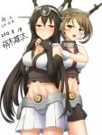  2girls bare_shoulders black_hair brown_hair elbow_gloves gloves green_eyes highres kantai_collection long_hair midriff multiple_girls mutsu_(kantai_collection) nagato_(kantai_collection) navel personification red_eyes short_hair yujin-yujin 