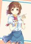  1girl blush brown_hair food hagiwara_yukiho ice_cream ice_cream_cone idolmaster puffy_sleeves short_hair short_sleeves skirt smile solo spoon t-okada yellow_eyes 