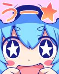  1girl blue_hair blush_stickers bust face fang hat open_mouth remilia_scarlet smile solo star star-shaped_pupils symbol-shaped_pupils taiga_mahoukan touhou translated uu~ 