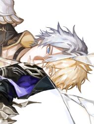  1boy absurdres alternate_form antenna_hair armor black_choker black_cloak black_shirt blonde_hair blue_eyes choker cloak crack cracked_glass eva0951120 flame_reaver_of_the_deepest_dark hashtag-only_commentary highres honkai:_star_rail honkai_(series) hood hood_up hooded_cloak male_focus multiple_forms parted_lips pauldrons phainon_(honkai:_star_rail) phainon_(khaslana)_(honkai:_star_rail) shirt short_hair shoulder_armor sideways single_pauldron solo white_hair yellow_eyes 