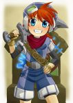  1boy blue_eyes blush goggles grandia grandia_i grin hat highres justin long_hair redhead scarf shorts smile sword weapon 