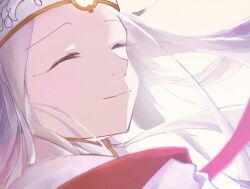  1girl backlighting closed_eyes commentary_request crown dress dress_of_heaven fate/stay_night fate_(series) heaven&#039;s_feel highres illyasviel_von_einzbern illyasviel_von_einzbern_(dress_of_heaven) long_hair shiguretsuki smile solo white_background white_dress white_hair 