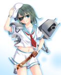  1girl behe_(sky_13) belt blue_eyes cannon eyepatch green_hair hand_on_hip hat highres kantai_collection kiso_(kantai_collection) long_hair pauldrons personification sailor_collar shorts shoulder_cannon solo 