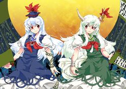  2girls arm_ribbon bamboo blue_dress breasts dress dual_persona ex-keine green_dress hat horn_ribbon horns iroyopon kamishirasawa_keine large_breasts long_hair multiple_girls neckerchief puffy_sleeves red_eyes ribbon scroll shirt short_sleeves silver_hair smile touhou very_long_hair 